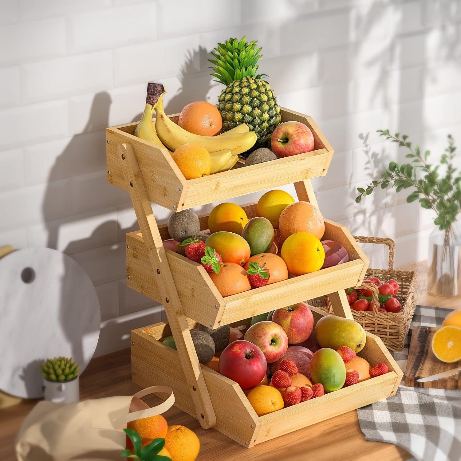 This Is a Fruit Basket Frame Available in Three Or Two Layers, Featuring a Spacious Design And a Sturdy Multi-Layer Tabletop Storage Rack. It Boasts a Natural End And an Open Slat Ventilation System, Making It Ideal for Storing , Vegetables