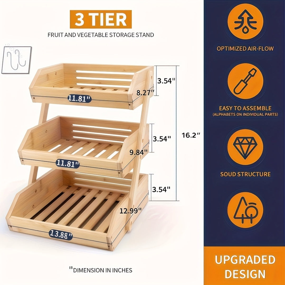 This Is a Fruit Basket Frame Available in Three Or Two Layers, Featuring a Spacious Design And a Sturdy Multi-Layer Tabletop Storage Rack. It Boasts a Natural End And an Open Slat Ventilation System, Making It Ideal for Storing , Vegetables