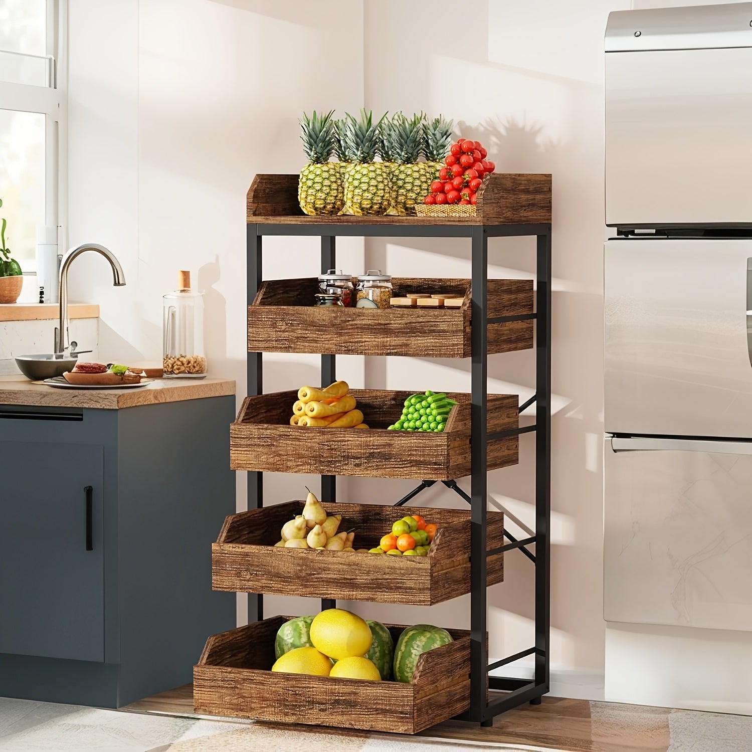 Wood Fruit And Vegetable Storage Rack, 5-Tier Pull-Out Snack Stand, Utility Shelf Organizer For Kitchen Living Room Bedroom, Rustic Brown