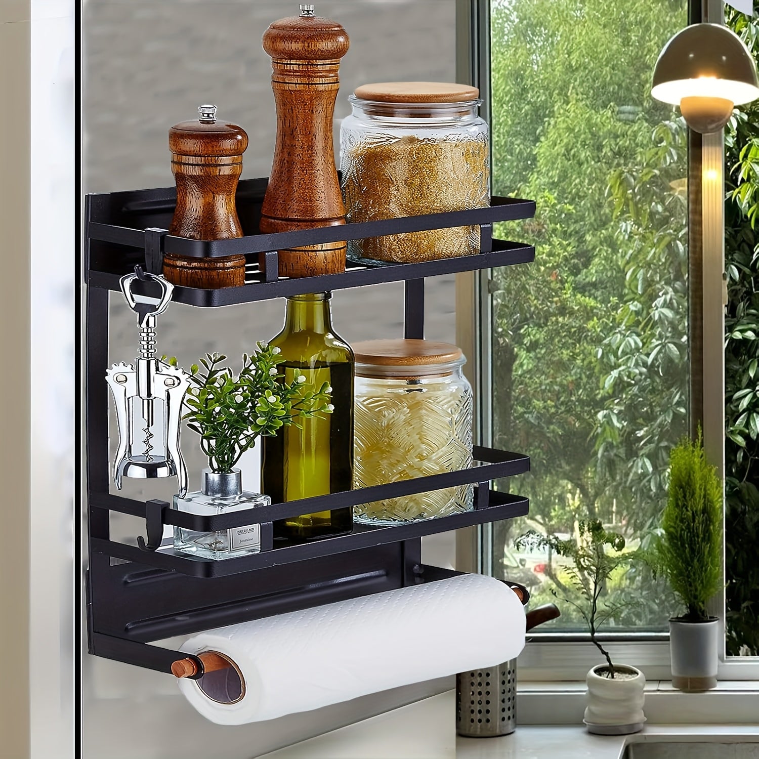 Magnetic Spice Rack for Refrigerator | Metal, Polished End, Wall Mount, with 4 Hooks, Moveable, Space Saving, for Kitchen Oven, by M I N C I