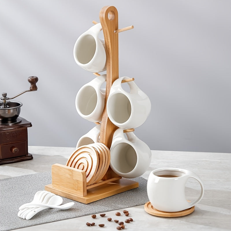 Tawsbear, 6pcs Ceramic Coffee Cups, Equipped with Wooden Coasters And Cup Holders, Suitable for Latte, Cappuccino, Espresso Mugs, Tea Cups - Perfect Choice for Home, Office, Coffee Shop Use, Holiday Gifts, Birthday Gifts, 200ml\u002F6.8oz