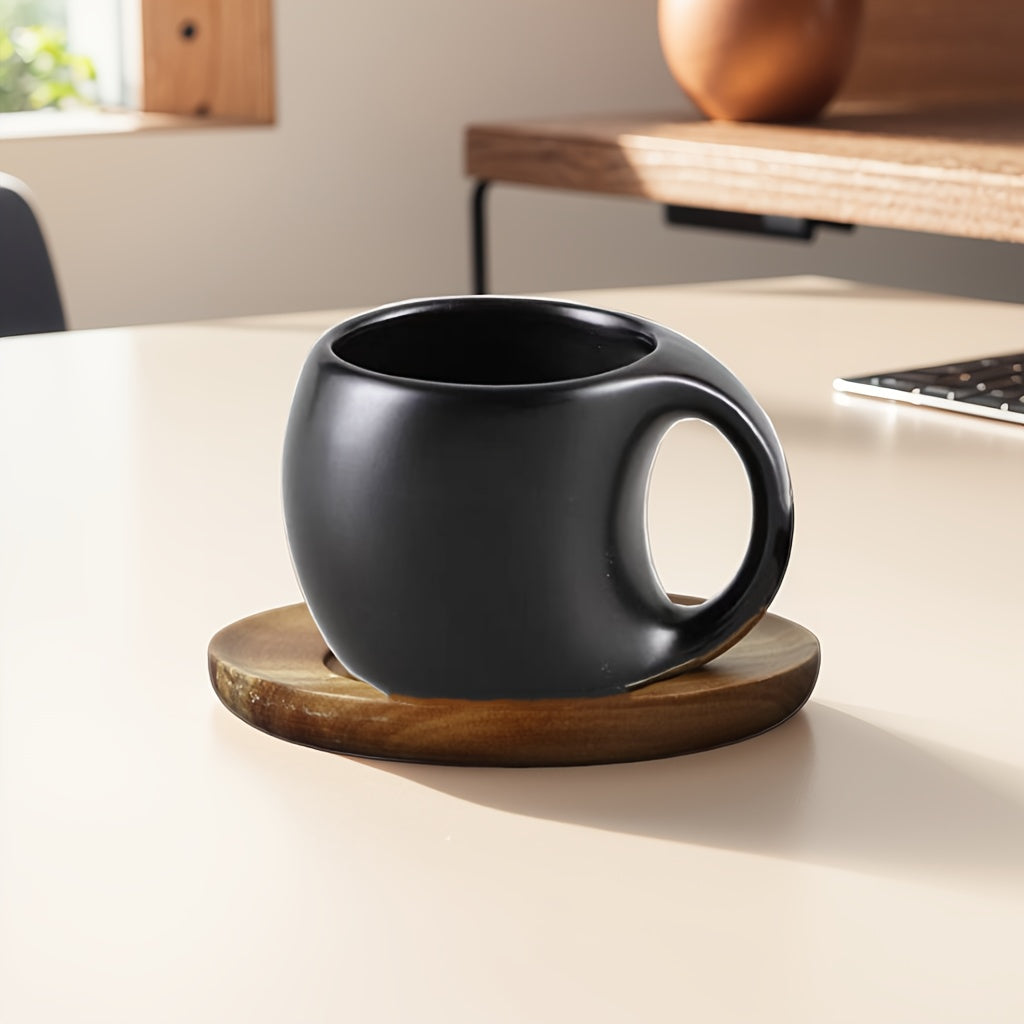 1pc Ceramic Mug 1pc Black Ceramic Coffee Mug with Wooden Saucer | Microwave & Dishwasher Safe, Reusable & Recyclable | 7oz\u002F12.3oz, Perfect for Tea, Coffee, or Hot Beverages