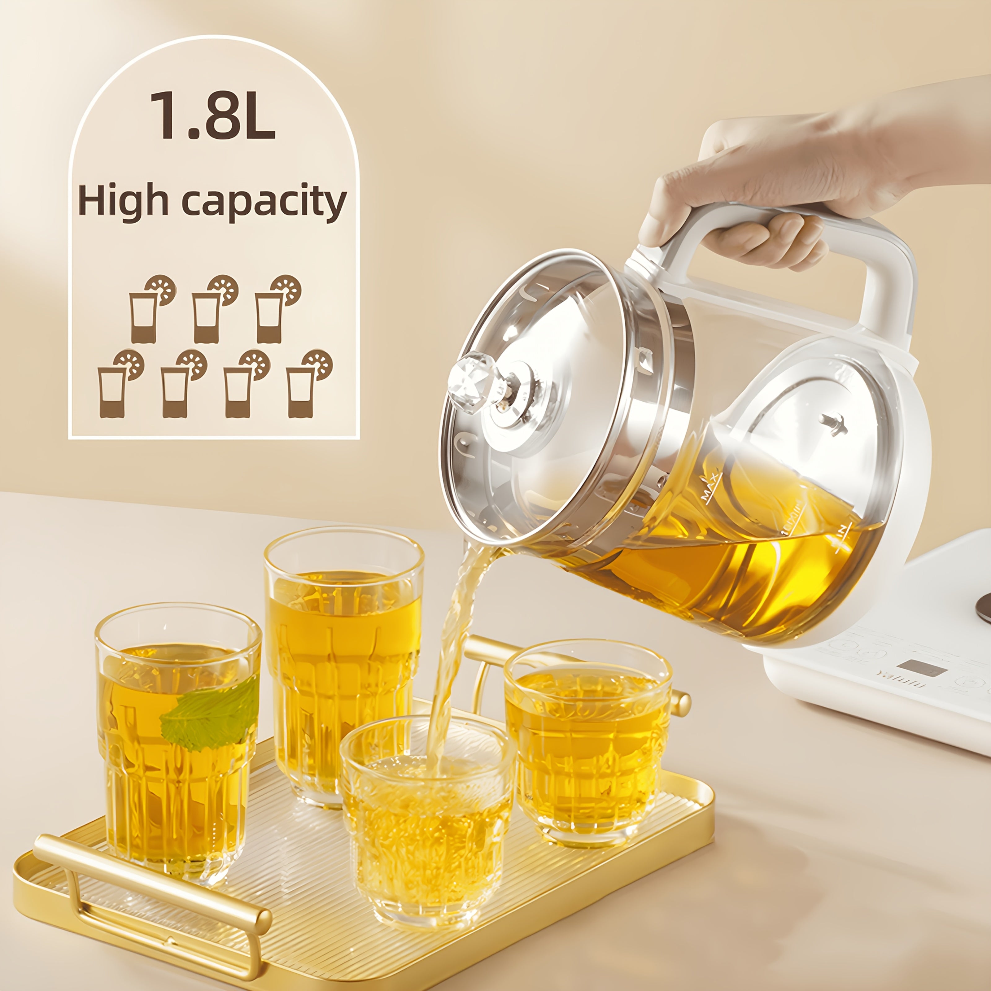 Yalulu Electric Kettle, a Health-Focused Kettle with a Capacity of 1.8L\u002F60.87Oz, Is an Essential Item for Camping. It Includes a Tea Set And Features 18 Smart Functions. This Thick Glass Kettle Can Be Used for Boiling Water, Making Coffee