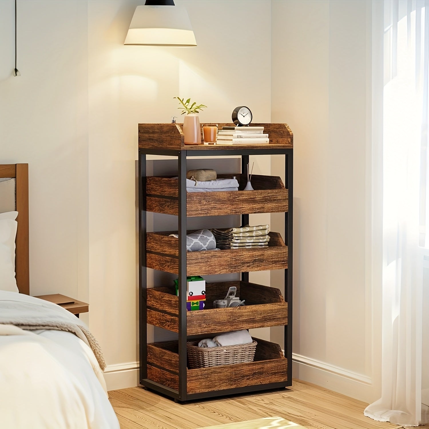 Wood Fruit And Vegetable Storage Rack, 5-Tier Pull-Out Snack Stand, Utility Shelf Organizer For Kitchen Living Room Bedroom, Rustic Brown