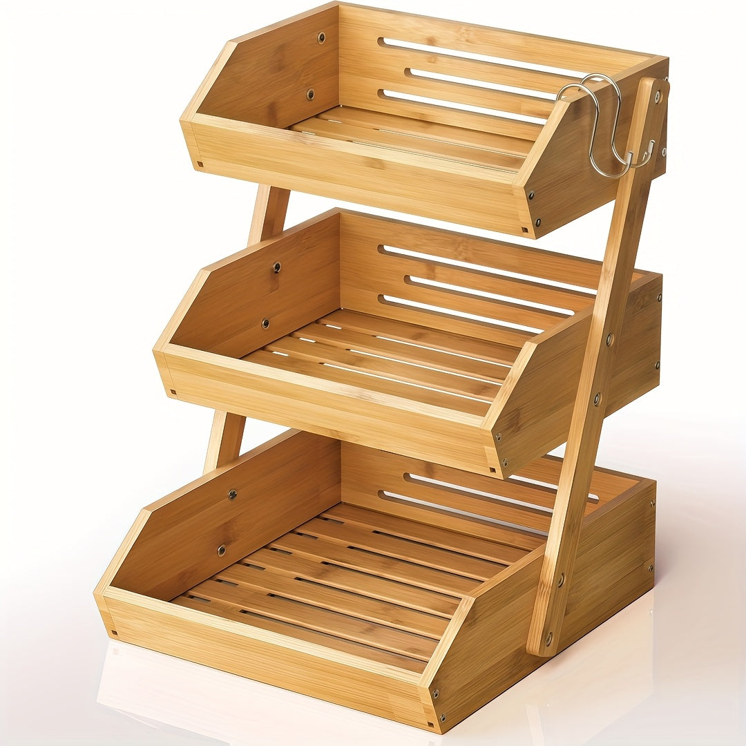 This Is a Fruit Basket Frame Available in Three Or Two Layers, Featuring a Spacious Design And a Sturdy Multi-Layer Tabletop Storage Rack. It Boasts a Natural End And an Open Slat Ventilation System, Making It Ideal for Storing , Vegetables
