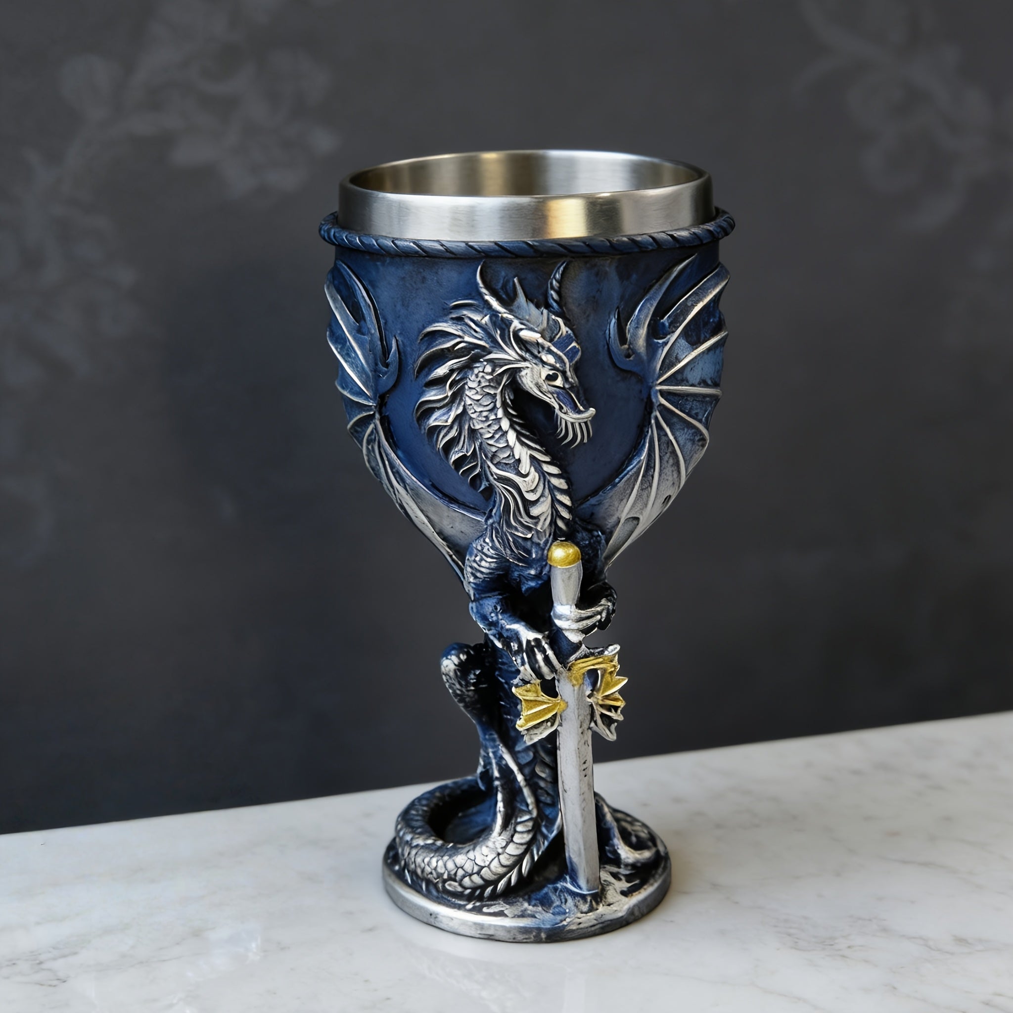Medieval Flame Dragon Wine Cup, 7oz Stainless Steel, Reusable Insulated Drinkware, Gothic Novelty Gift, Vintage Flying Dragon Design, Hand Wash Only, Ideal for Family & Party Use