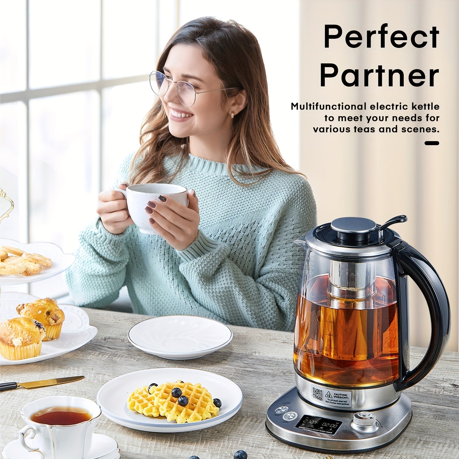 Electric Tea Kettle, Borosilicate Glass & Stainless Steel, 9 Temperature Control Presets, 2 Hours Keep Warm, 1200W, 1.7 Liter, with Removable Infuser, Chilling Water Machine