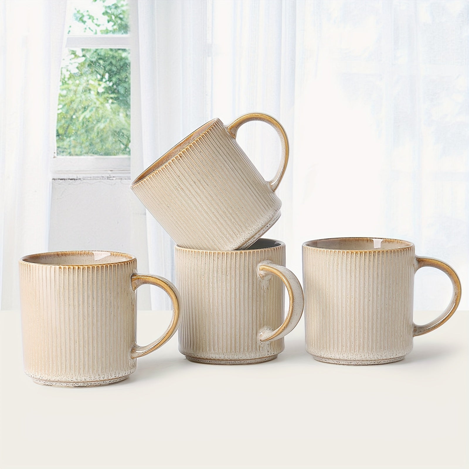 4pcs Relief Ceramic Coffee Cup, 16 Ounce Large Capacity, Beige Classical Style Coffee Cup, Exquisite And Elegant, Ceramic Coffee Cup And Teacup with Handle Suitable for Coffee, Latte, Cappuccino, Tea, Juice, Perfect for Couples And Family Gifts