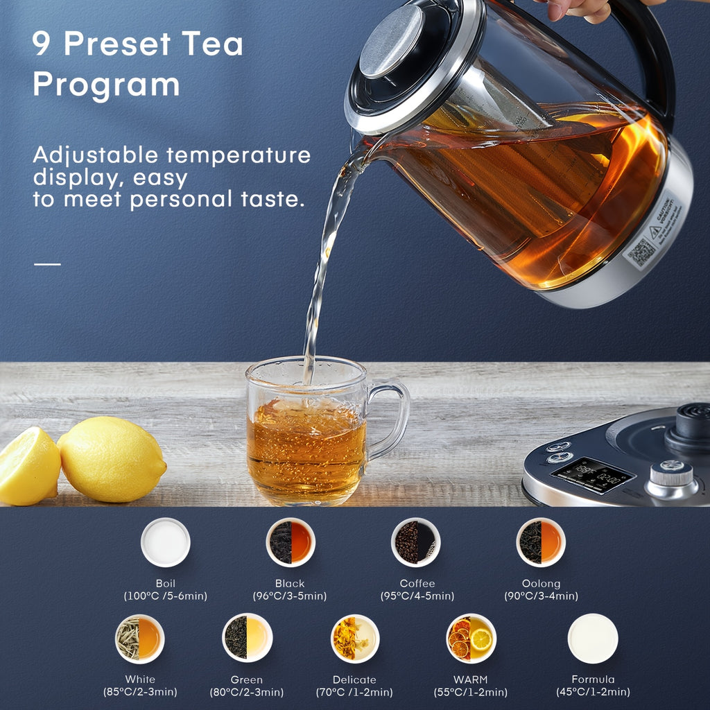 Electric Tea Kettle, Borosilicate Glass & Stainless Steel, 9 Temperature Control Presets, 2 Hours Keep Warm, 1200W, 1.7 Liter, with Removable Infuser, Chilling Water Machine