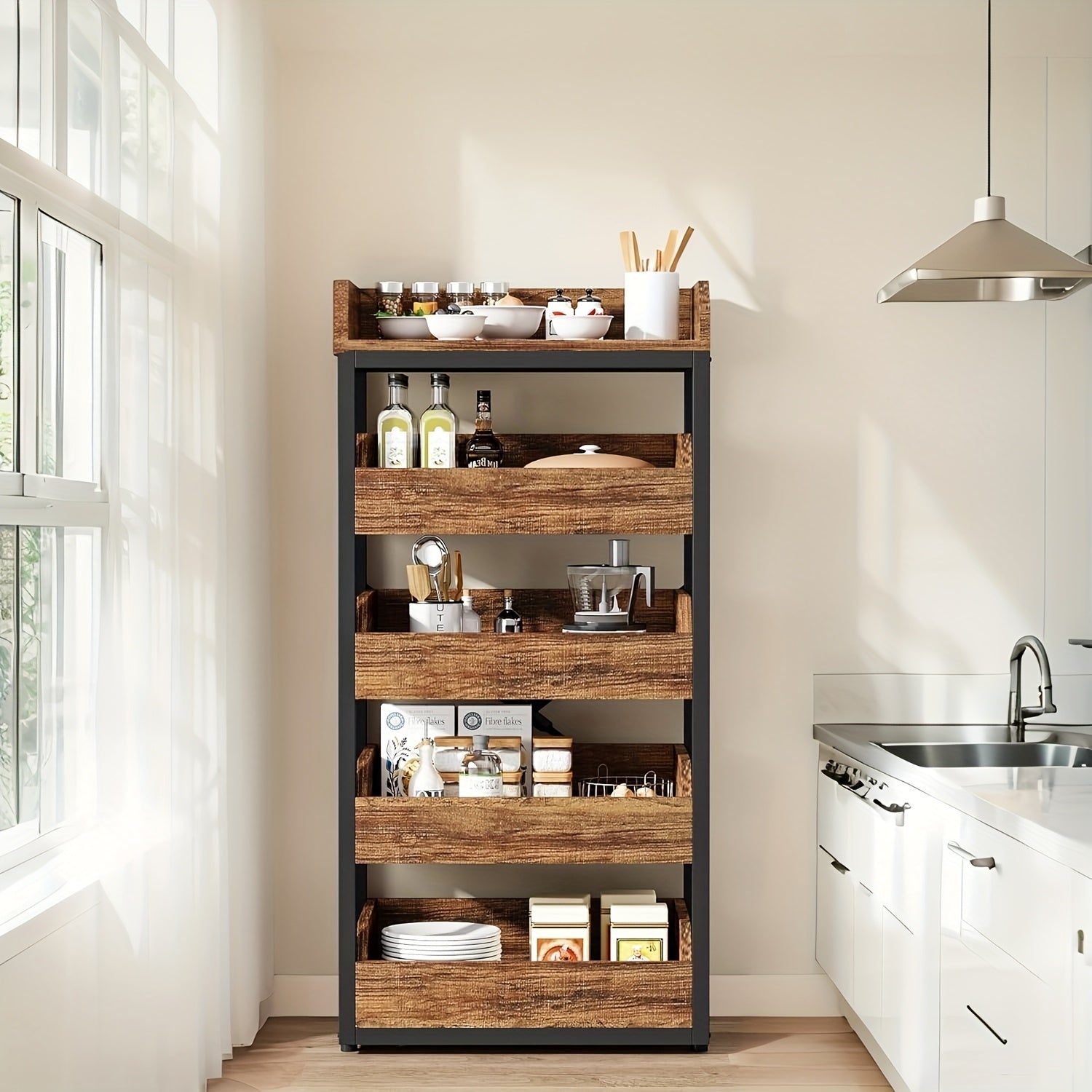 Wood Fruit And Vegetable Storage Rack, 5-Tier Pull-Out Snack Stand, Utility Shelf Organizer For Kitchen Living Room Bedroom, Rustic Brown