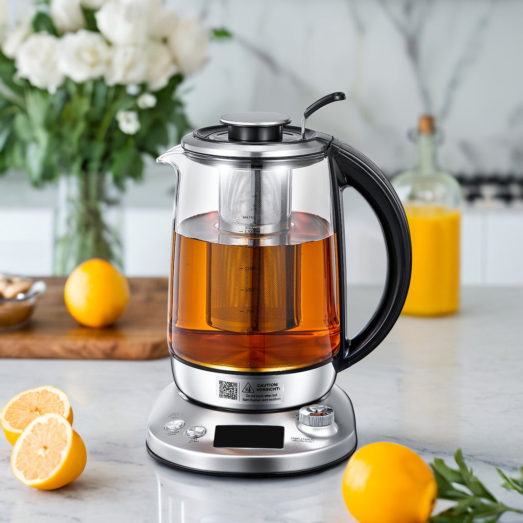 Electric Tea Kettle, Borosilicate Glass & Stainless Steel, 9 Temperature Control Presets, 2 Hours Keep Warm, 1200W, 1.7 Liter, with Removable Infuser, Chilling Water Machine