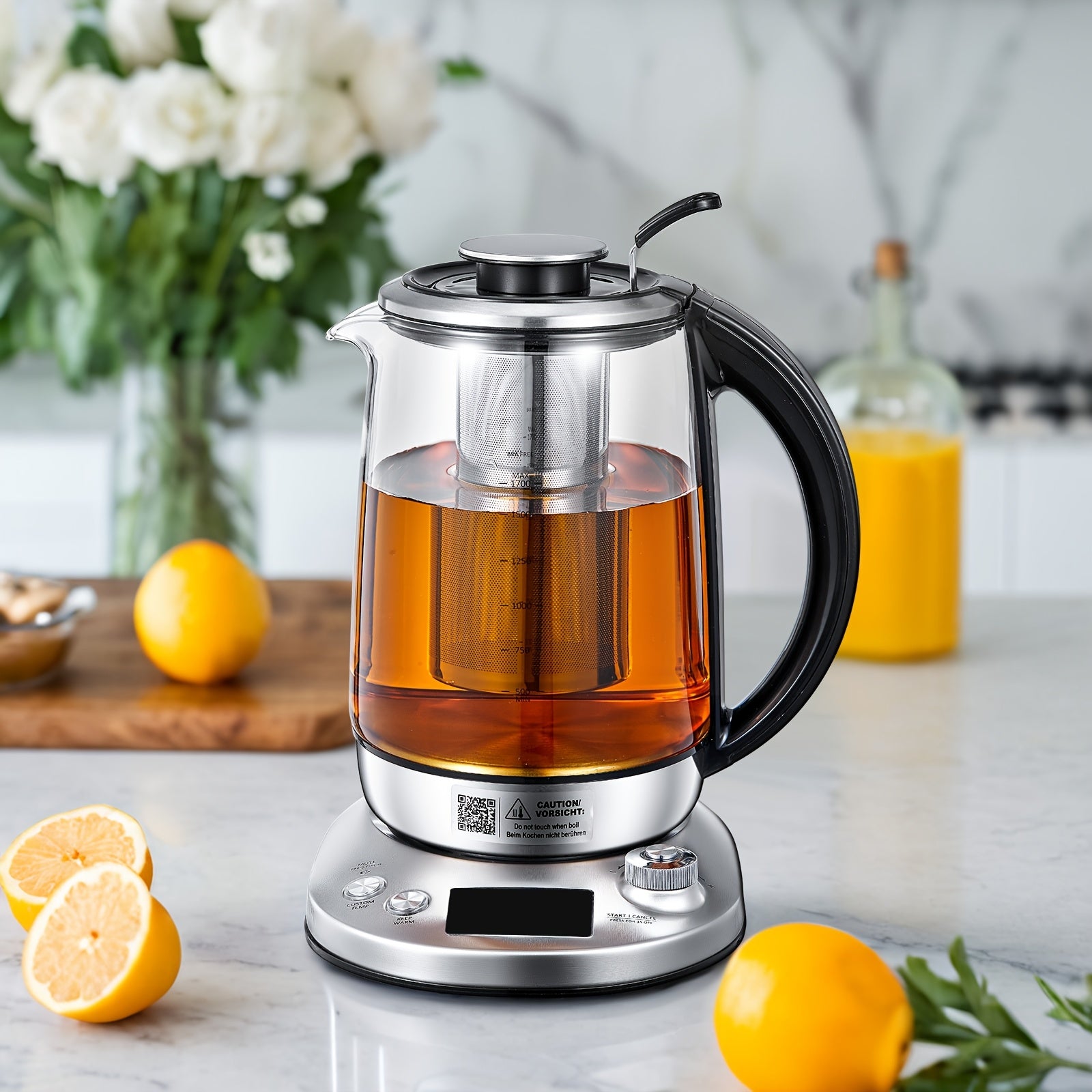 Electric Tea Kettle, Borosilicate Glass & Stainless Steel, 9 Temperature Control Presets, 2 Hours Keep Warm, 1200W, 1.7 Liter, with Removable Infuser, Chilling Water Machine