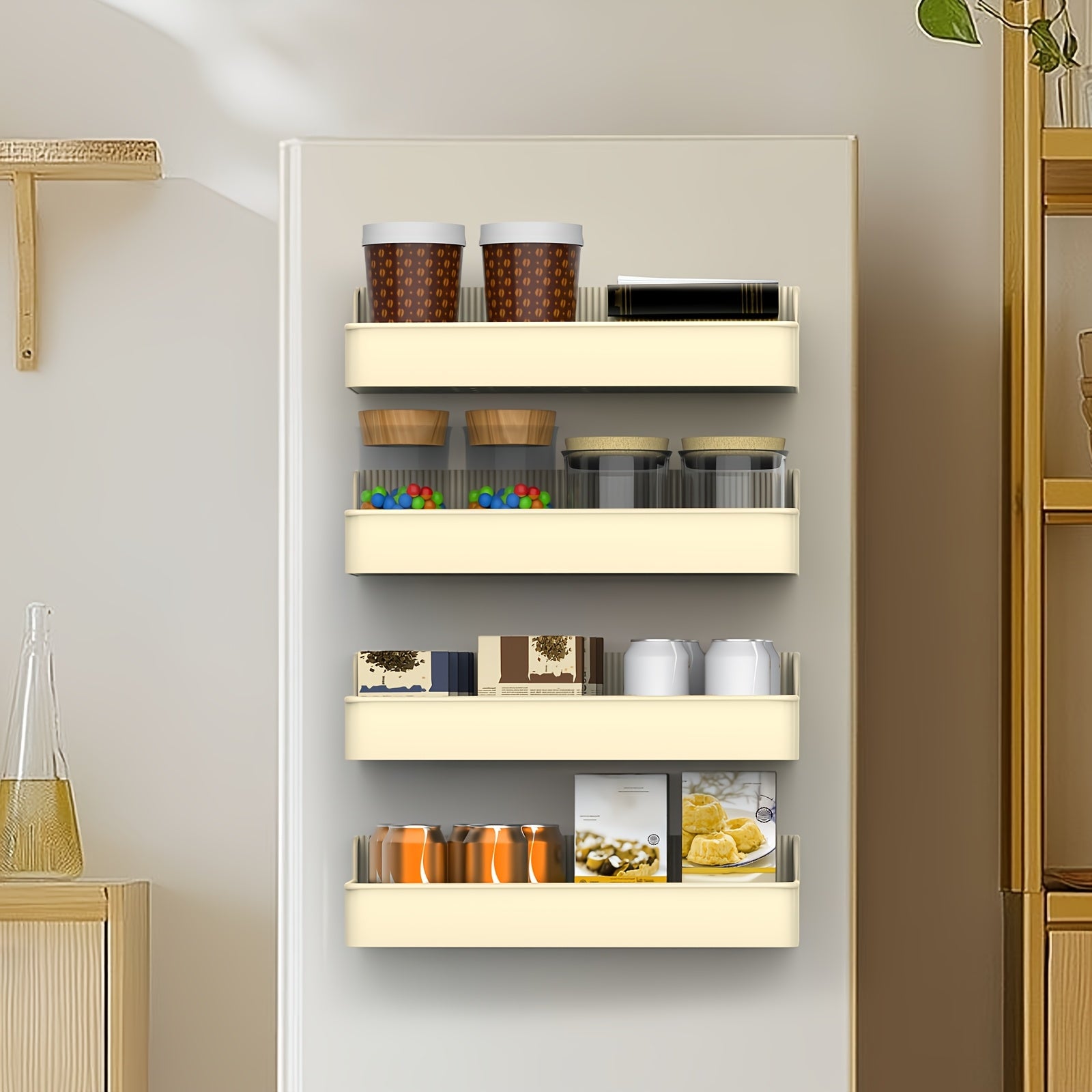 Set of 4 Magnetic Spice Holders for The Fridge, Organizer for Spices, Storage Solution for Refrigerators, Adjustable Magnetic Shelf for Fridge, Kitchen Seasoning Organizer Tools, Ideal for Organizing And Storing in The Kitchen, Utility Racks