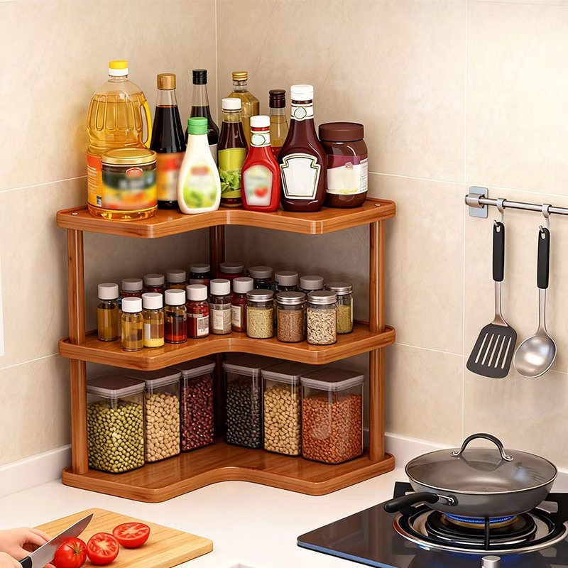 Triangular Design Fits Corner Storage Spaces. Oven Triangle Storage Rack Features Multi-tiered Design for Efficient Organization of Coffee Accessories, Cups, Kitchen Odds and Ends, and More. Countertop Storage., Corner Shelves