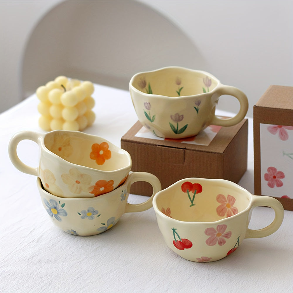 Handcrafted Ceramic Mugs with an Irregular Floral Design, Perfect for Coffee, Milk, Or Tea in a Korean Style, Ideal for Oatmeal Or Breakfast Beverages