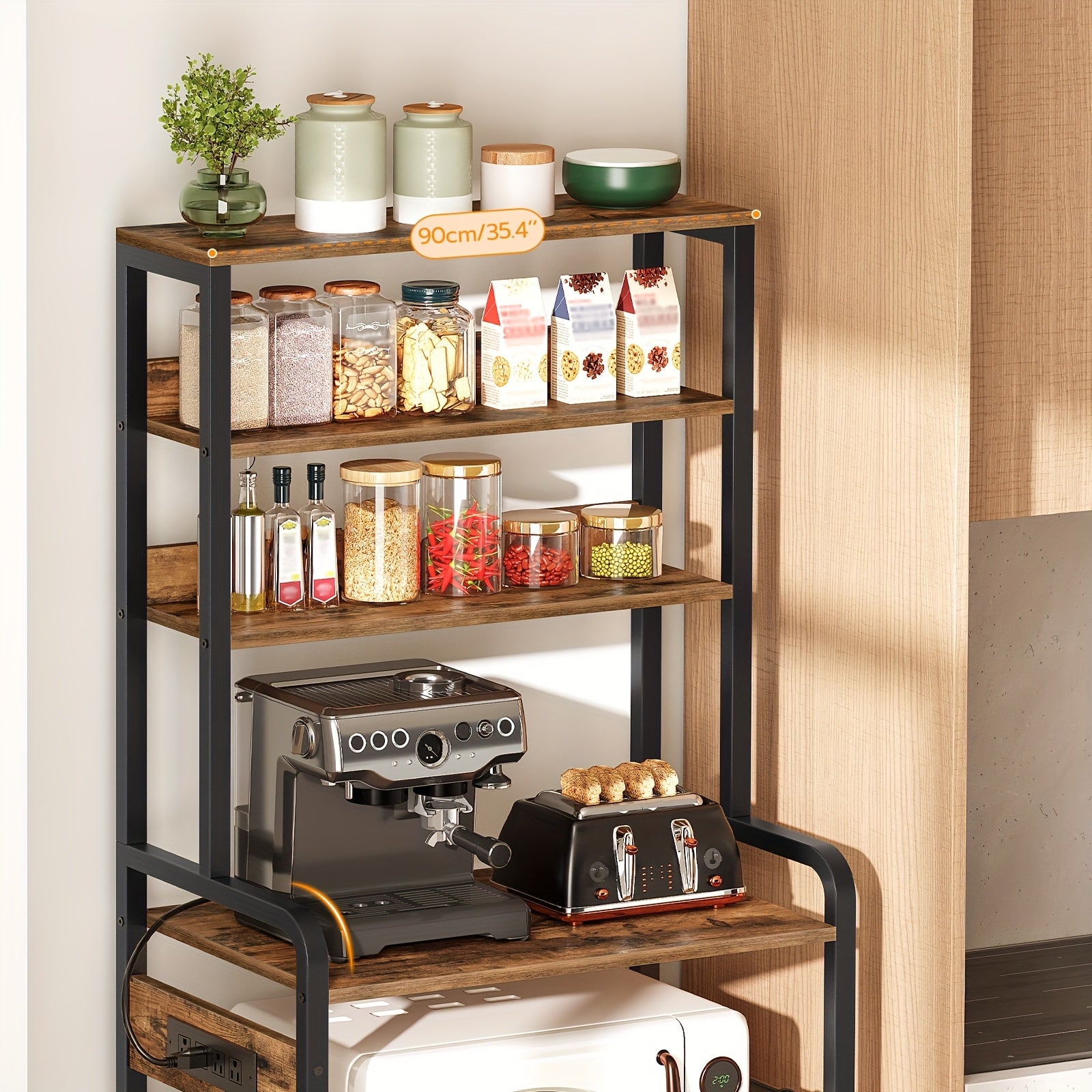 Vertical Rack with Power Outlet, Baker's Rack for Kitchen with Storage, 68.1 Inch Height Microwave Stand with 4 S-Shaped Hooks, 7-Tier Kitchen Storage Shelf Rack, Coffee Bar, for Kitchen, Living Room, Rustic Brown