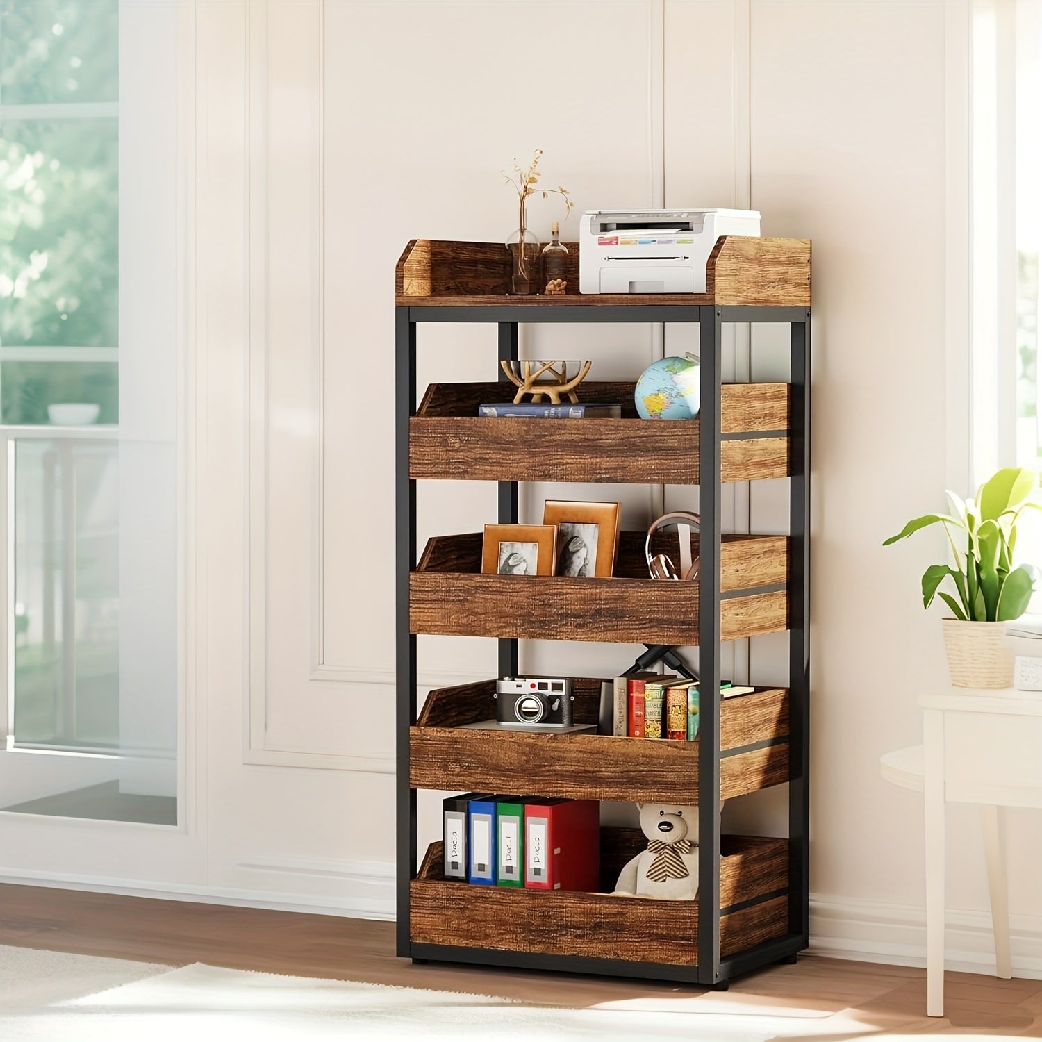 Wood Fruit And Vegetable Storage Rack, 5-Tier Pull-Out Snack Stand, Utility Shelf Organizer For Kitchen Living Room Bedroom, Rustic Brown