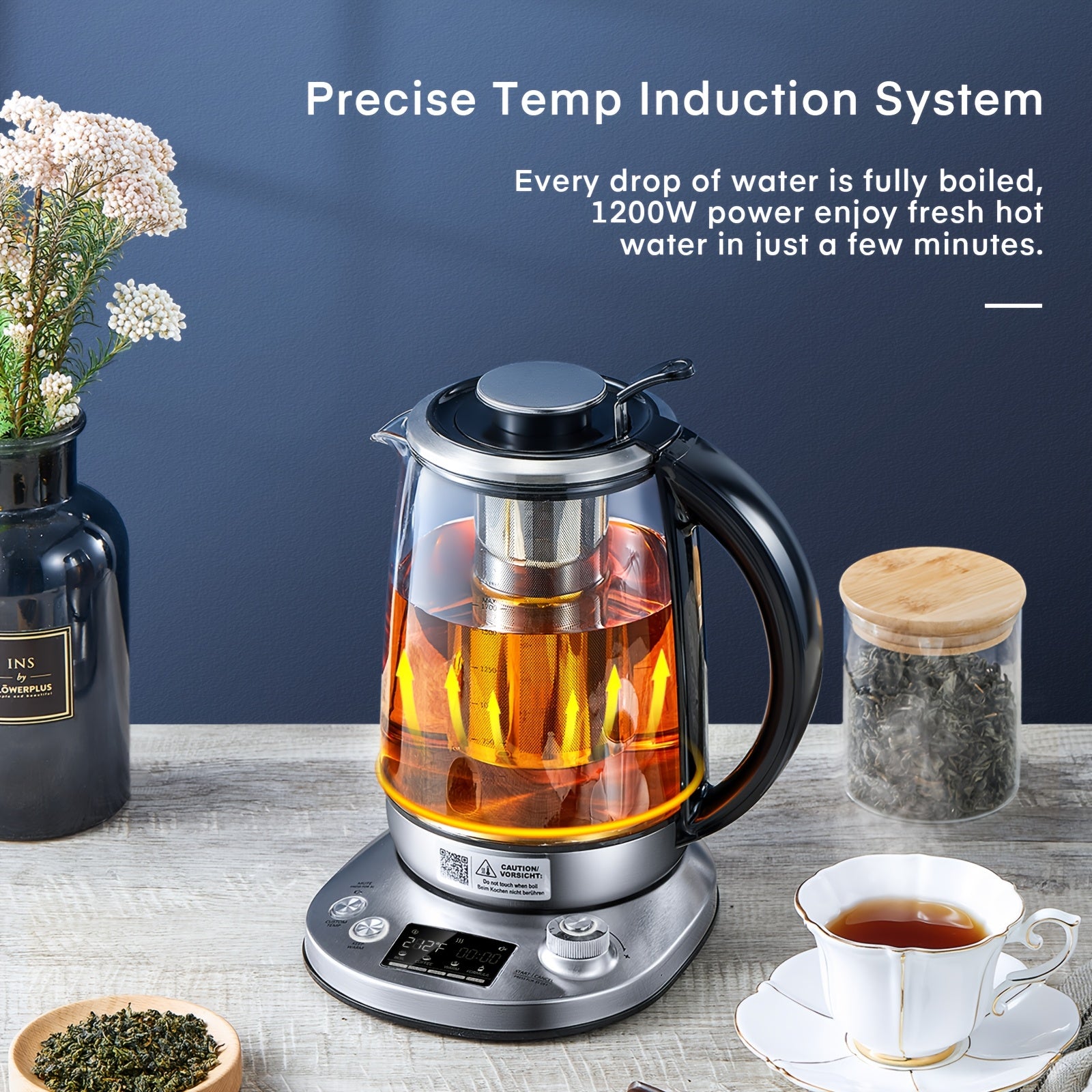 Electric Tea Kettle, Borosilicate Glass & Stainless Steel, 9 Temperature Control Presets, 2 Hours Keep Warm, 1200W, 1.7 Liter, with Removable Infuser, Chilling Water Machine