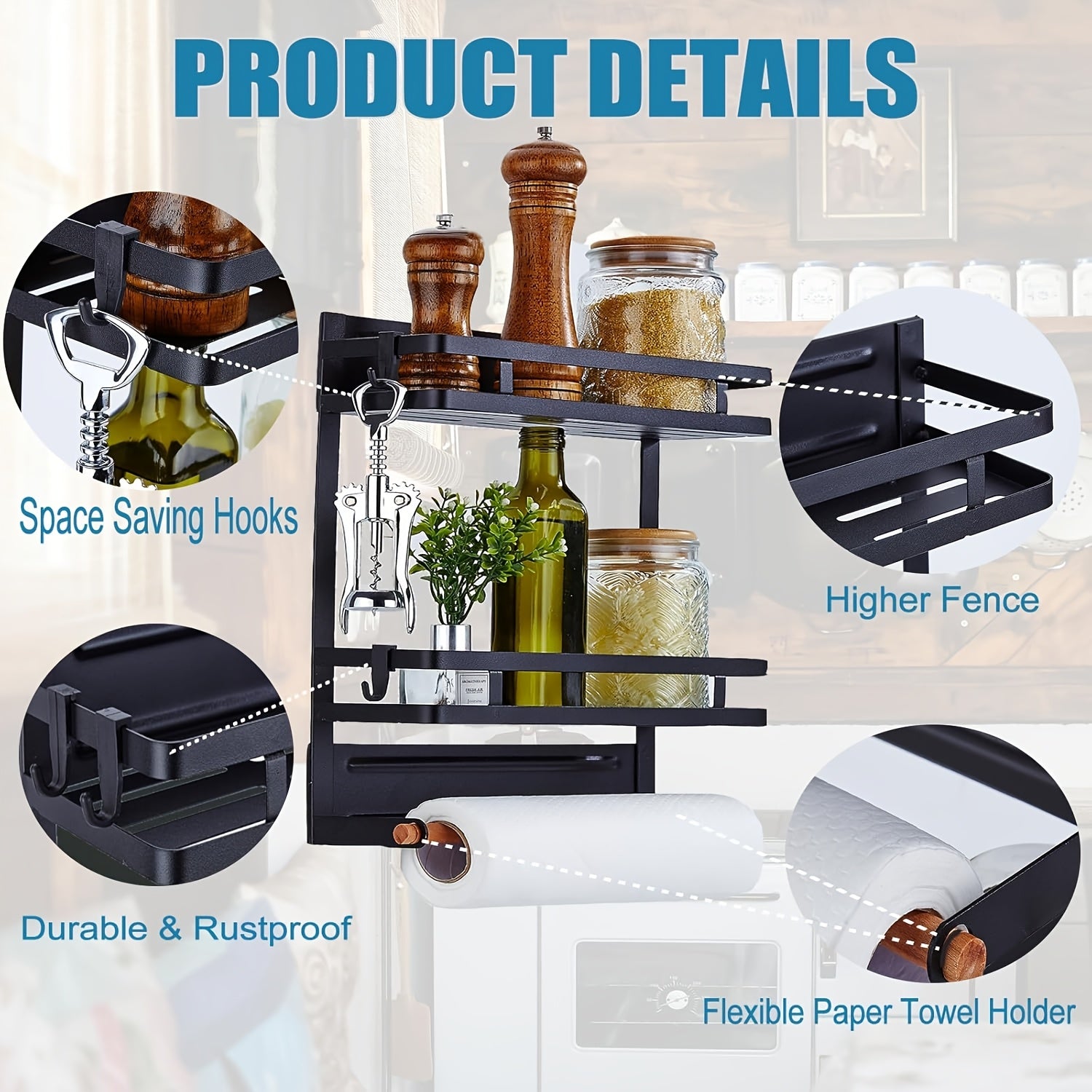 Magnetic Spice Rack for Refrigerator | Metal, Polished End, Wall Mount, with 4 Hooks, Moveable, Space Saving, for Kitchen Oven, by M I N C I