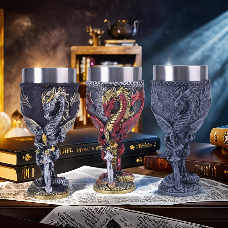 Medieval Flame Dragon Wine Cup, 7oz Stainless Steel, Reusable Insulated Drinkware, Gothic Novelty Gift, Vintage Flying Dragon Design, Hand Wash Only, Ideal for Family & Party Use
