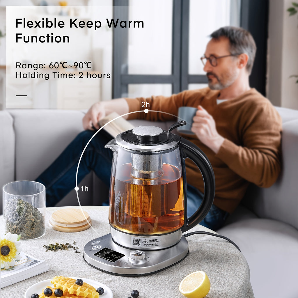 Electric Tea Kettle, Borosilicate Glass & Stainless Steel, 9 Temperature Control Presets, 2 Hours Keep Warm, 1200W, 1.7 Liter, with Removable Infuser, Chilling Water Machine