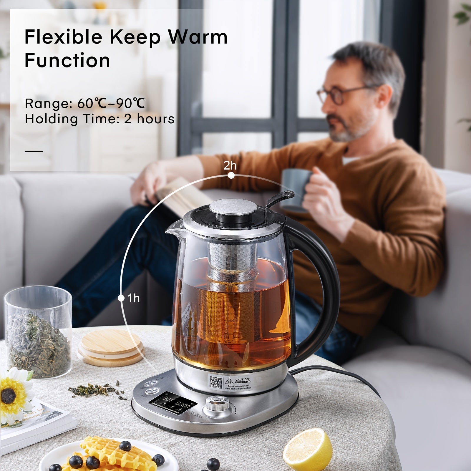 Electric Tea Kettle, Borosilicate Glass & Stainless Steel, 9 Temperature Control Presets, 2 Hours Keep Warm, 1200W, 1.7 Liter, with Removable Infuser, Chilling Water Machine