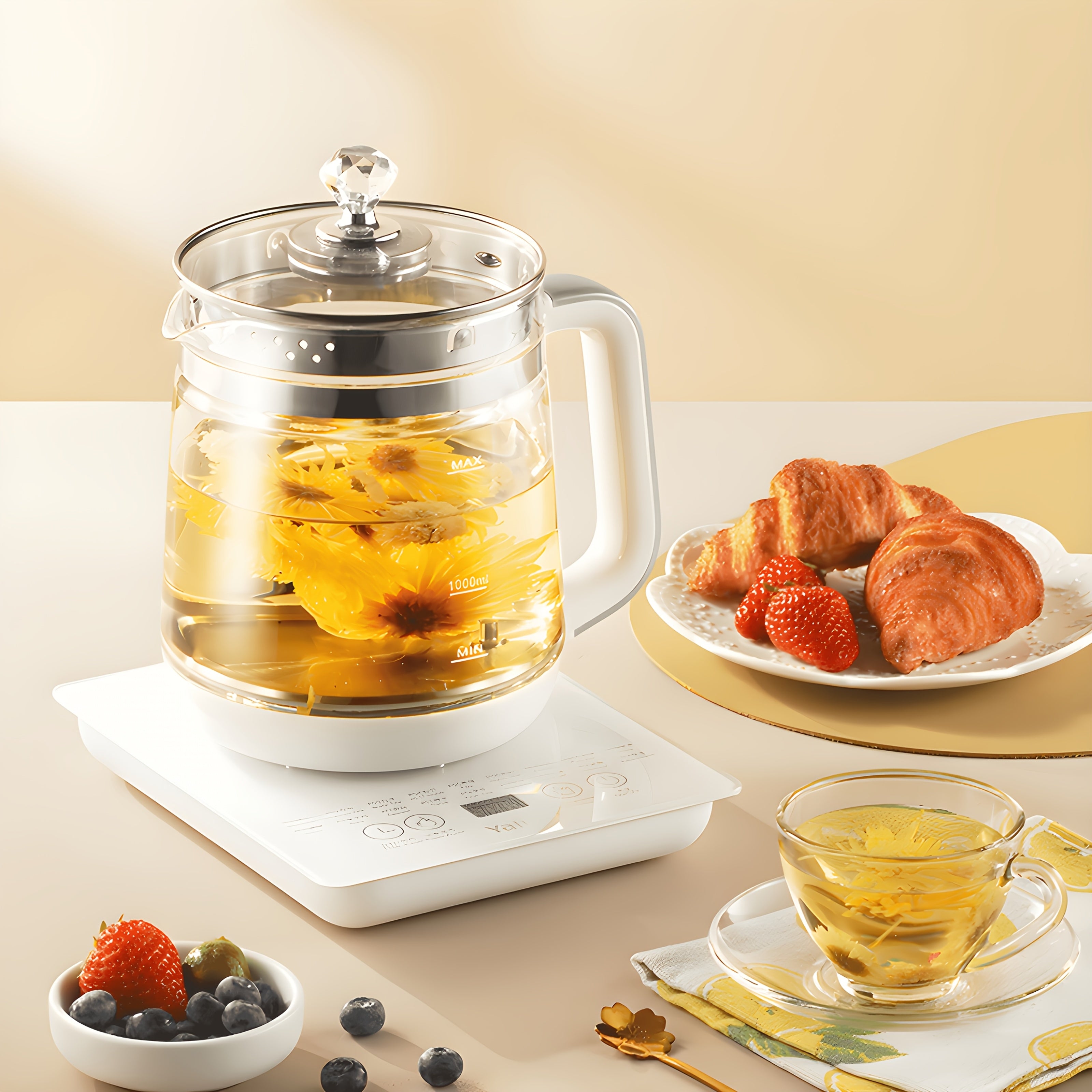 Yalulu Electric Kettle, a Health-Focused Kettle with a Capacity of 1.8L\u002F60.87Oz, Is an Essential Item for Camping. It Includes a Tea Set And Features 18 Smart Functions. This Thick Glass Kettle Can Be Used for Boiling Water, Making Coffee