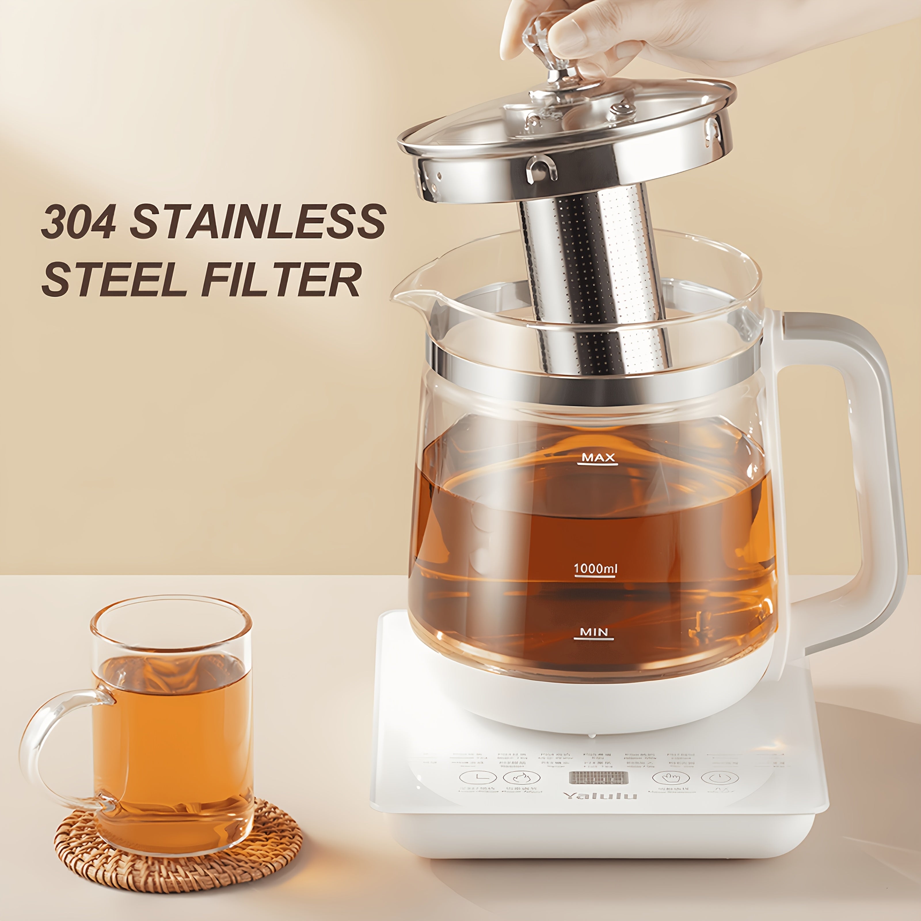 Yalulu Electric Kettle, a Health-Focused Kettle with a Capacity of 1.8L\u002F60.87Oz, Is an Essential Item for Camping. It Includes a Tea Set And Features 18 Smart Functions. This Thick Glass Kettle Can Be Used for Boiling Water, Making Coffee