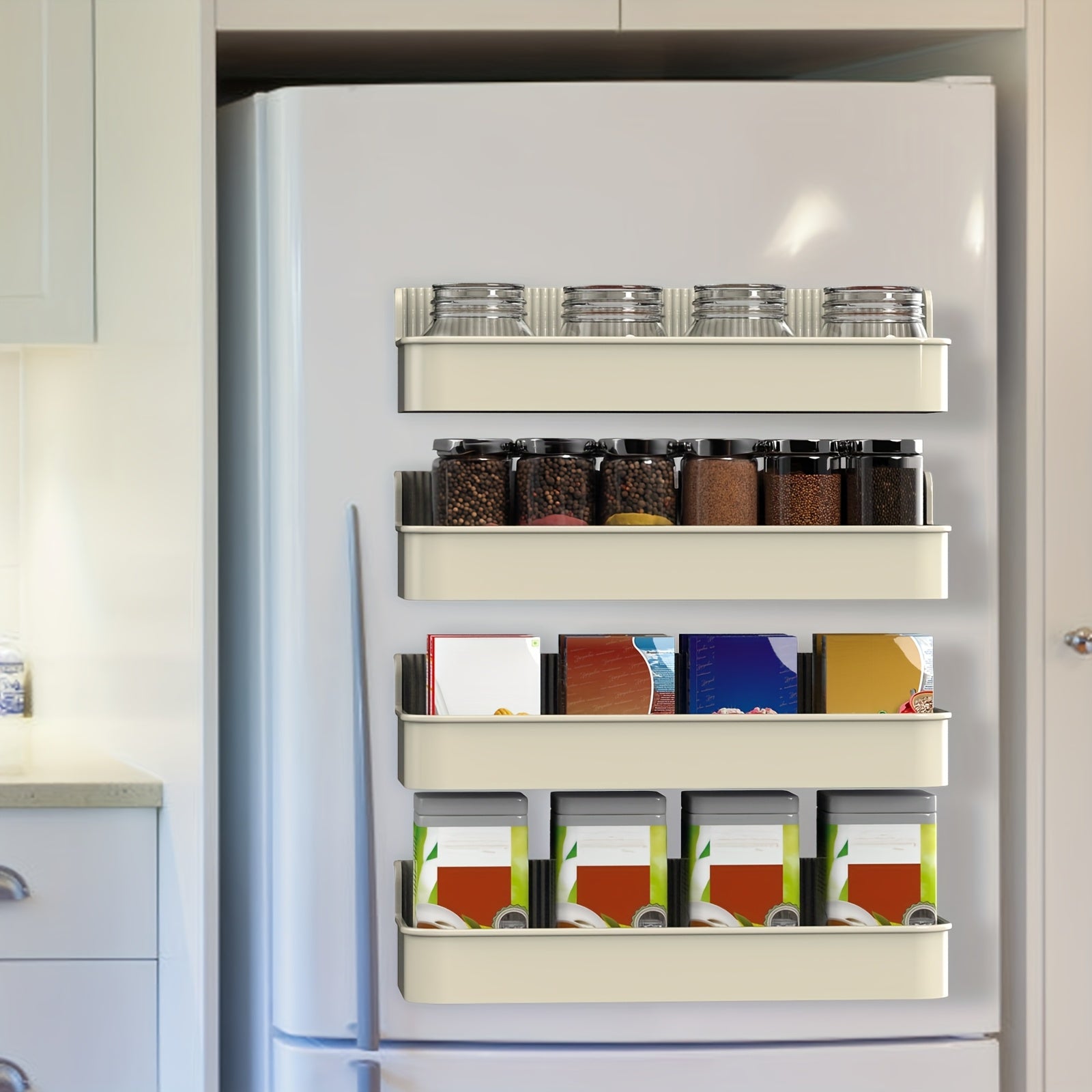 Set of 4 Magnetic Spice Holders for The Fridge, Organizer for Spices, Storage Solution for Refrigerators, Adjustable Magnetic Shelf for Fridge, Kitchen Seasoning Organizer Tools, Ideal for Organizing And Storing in The Kitchen, Utility Racks