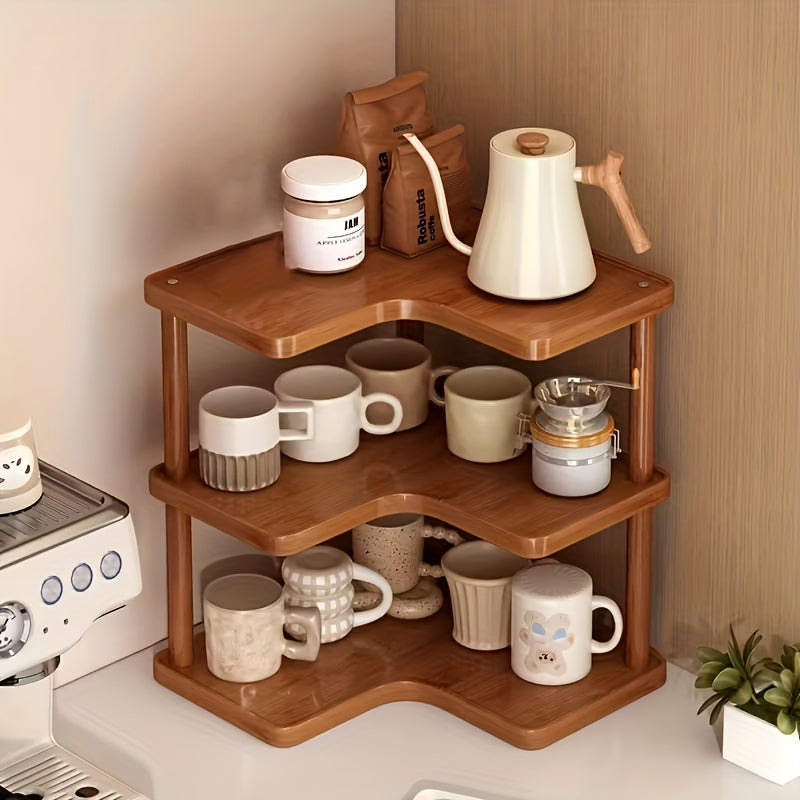 Triangular Design Fits Corner Storage Spaces. Oven Triangle Storage Rack Features Multi-tiered Design for Efficient Organization of Coffee Accessories, Cups, Kitchen Odds and Ends, and More. Countertop Storage., Corner Shelves