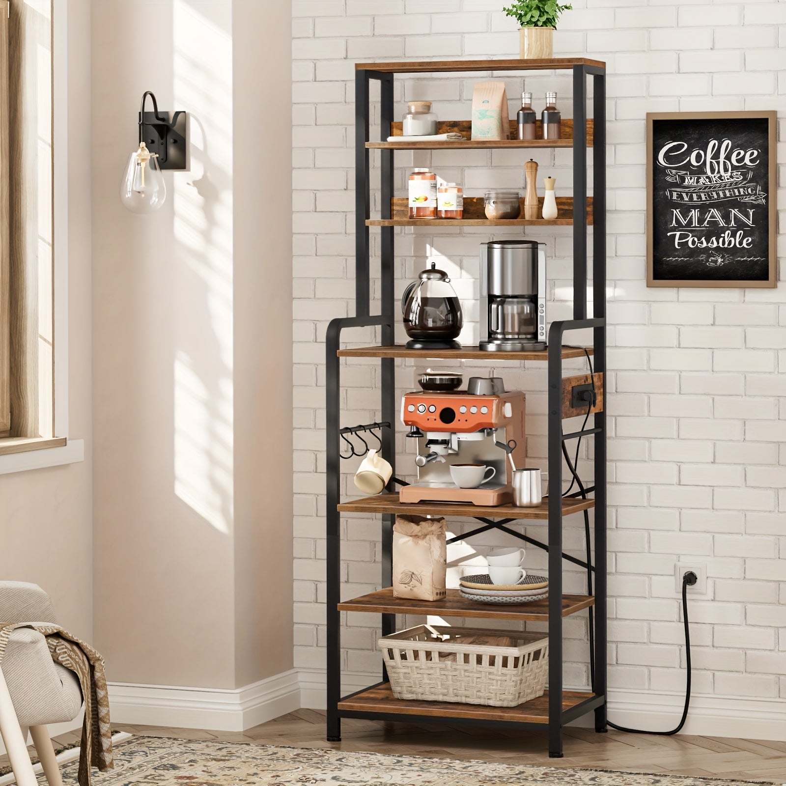 Vertical Rack with Power Outlet, Baker's Rack for Kitchen with Storage, 68.1 Inch Height Microwave Stand with 4 S-Shaped Hooks, 7-Tier Kitchen Storage Shelf Rack, Coffee Bar, for Kitchen, Living Room, Rustic Brown