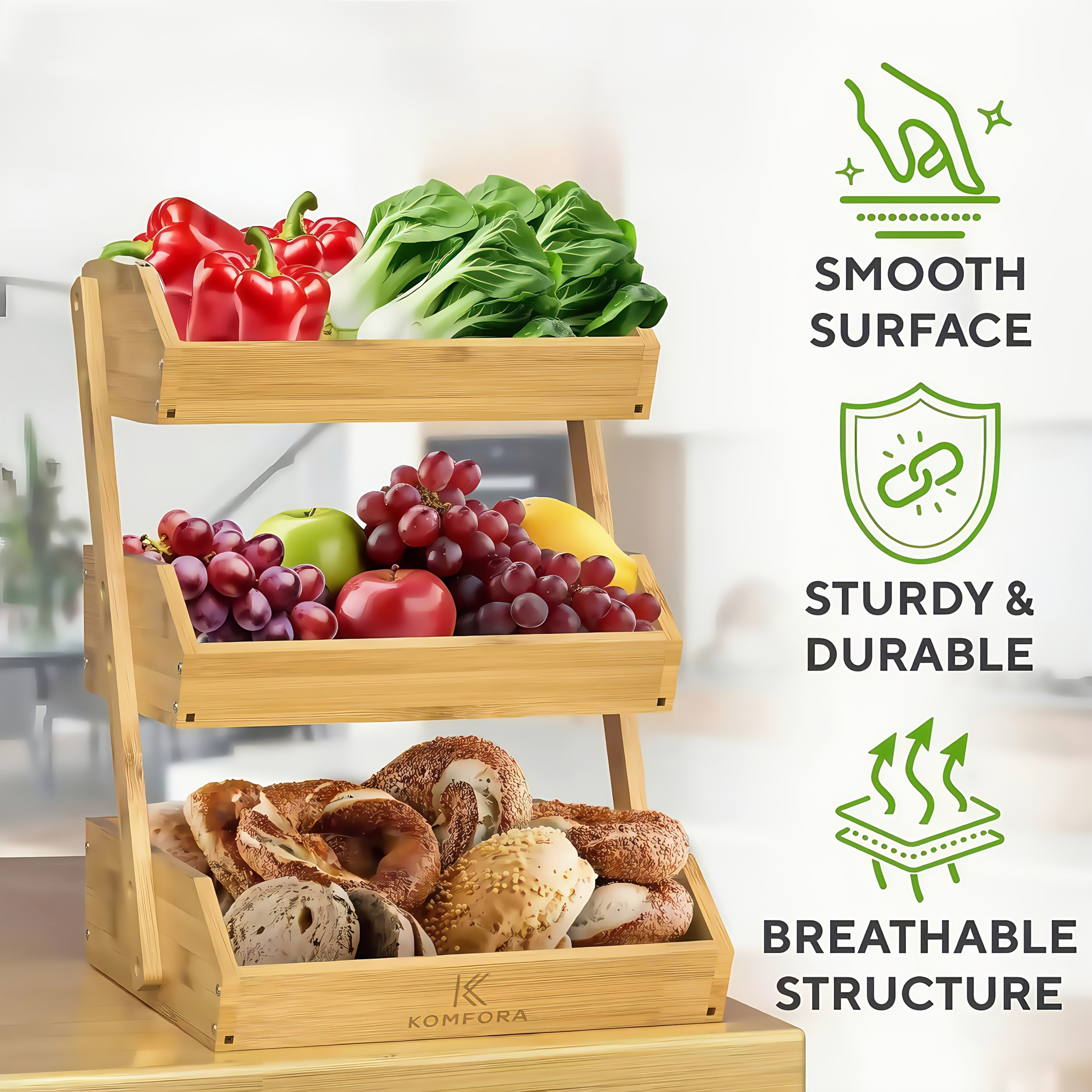 This Is a Fruit Basket Frame Available in Three Or Two Layers, Featuring a Spacious Design And a Sturdy Multi-Layer Tabletop Storage Rack. It Boasts a Natural End And an Open Slat Ventilation System, Making It Ideal for Storing , Vegetables