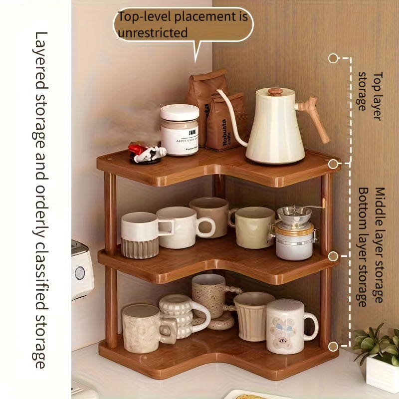 Triangular Design Fits Corner Storage Spaces. Oven Triangle Storage Rack Features Multi-tiered Design for Efficient Organization of Coffee Accessories, Cups, Kitchen Odds and Ends, and More. Countertop Storage., Corner Shelves