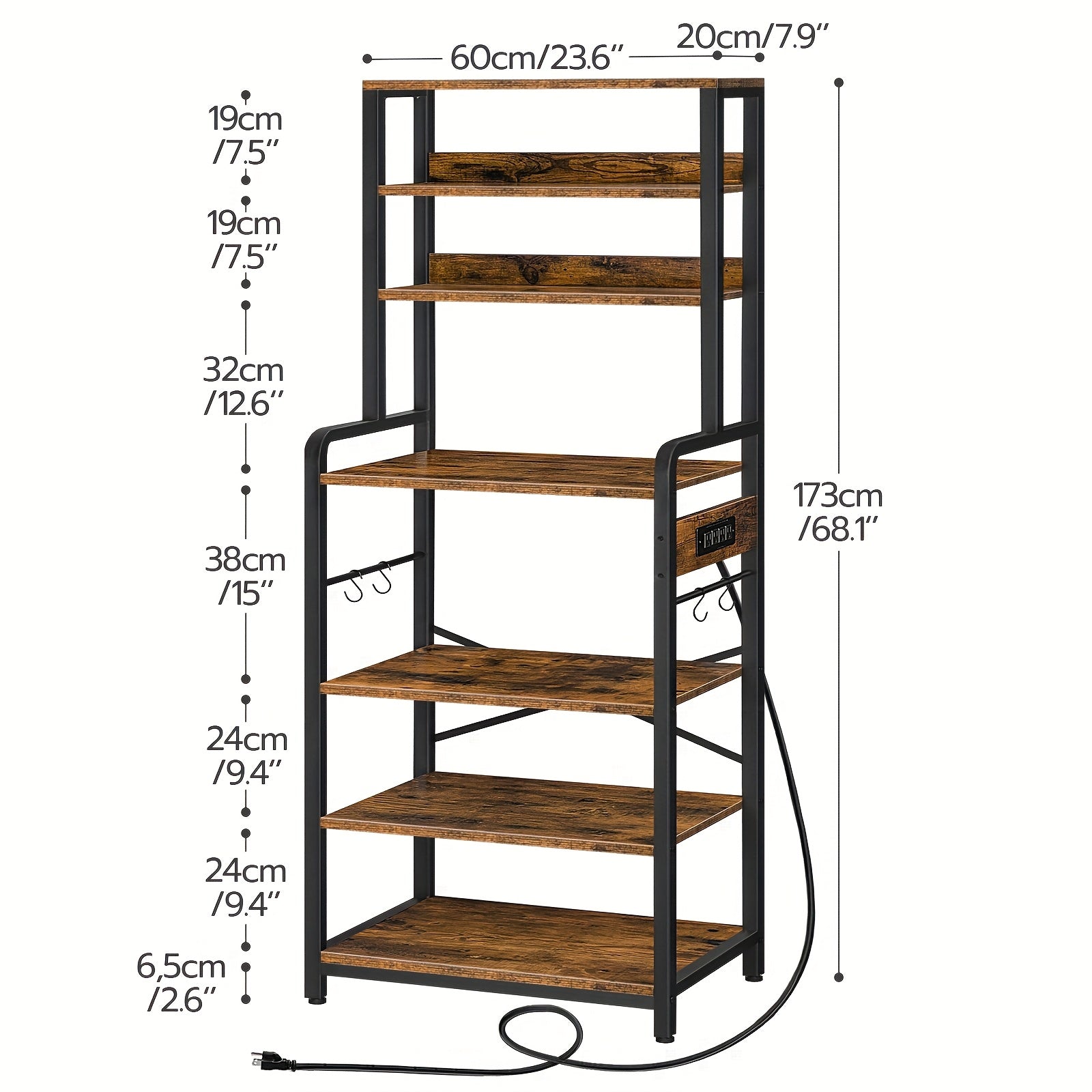 Vertical Rack with Power Outlet, Baker's Rack for Kitchen with Storage, 68.1 Inch Height Microwave Stand with 4 S-Shaped Hooks, 7-Tier Kitchen Storage Shelf Rack, Coffee Bar, for Kitchen, Living Room, Rustic Brown