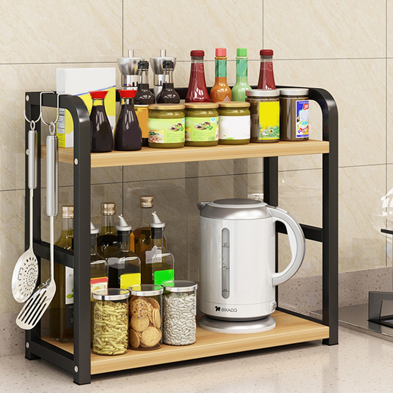 1pc 2-Tier Metal Countertop Storage Rack - Space-Saving Vertical Organizer for Condiments, Coffee, Tea, Cups And Mugs - Durable Kitchen And Dining Room Shelf, Kitchen Rack, Stylish Modern Design, Robust Construction, Minimalist Design