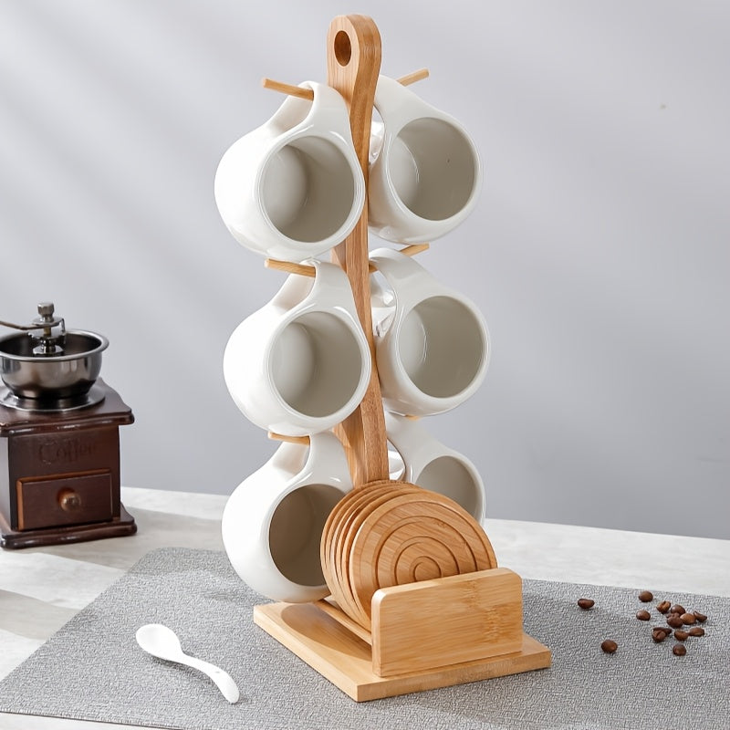 Tawsbear, 6pcs Ceramic Coffee Cups, Equipped with Wooden Coasters And Cup Holders, Suitable for Latte, Cappuccino, Espresso Mugs, Tea Cups - Perfect Choice for Home, Office, Coffee Shop Use, Holiday Gifts, Birthday Gifts, 200ml\u002F6.8oz