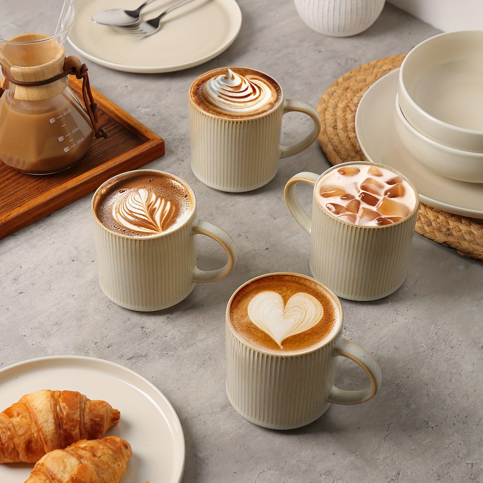 4pcs Relief Ceramic Coffee Cup, 16 Ounce Large Capacity, Beige Classical Style Coffee Cup, Exquisite And Elegant, Ceramic Coffee Cup And Teacup with Handle Suitable for Coffee, Latte, Cappuccino, Tea, Juice, Perfect for Couples And Family Gifts