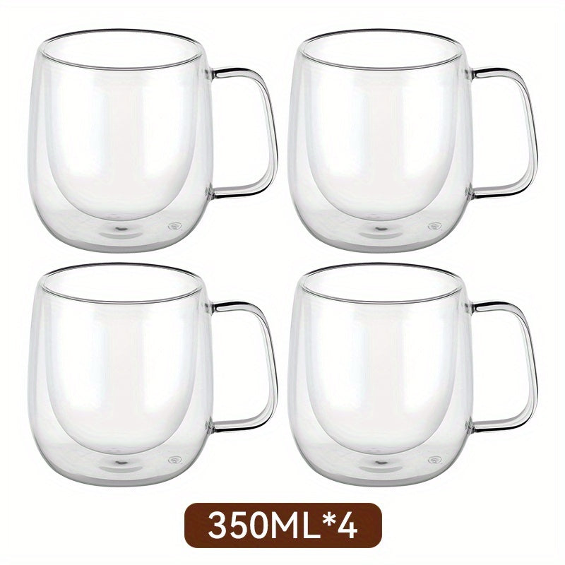 LDQ 2\u002F4pcs High Borosilicate Double-Layer Glass Mugs, Transparent Heat-Insulated Water Cups with Handles, Large Capacity, Durable, Burn Prevention, Reusable for Coffee, Tea, Smoothies, Multipurpose for home Use, Hand Wash Only
