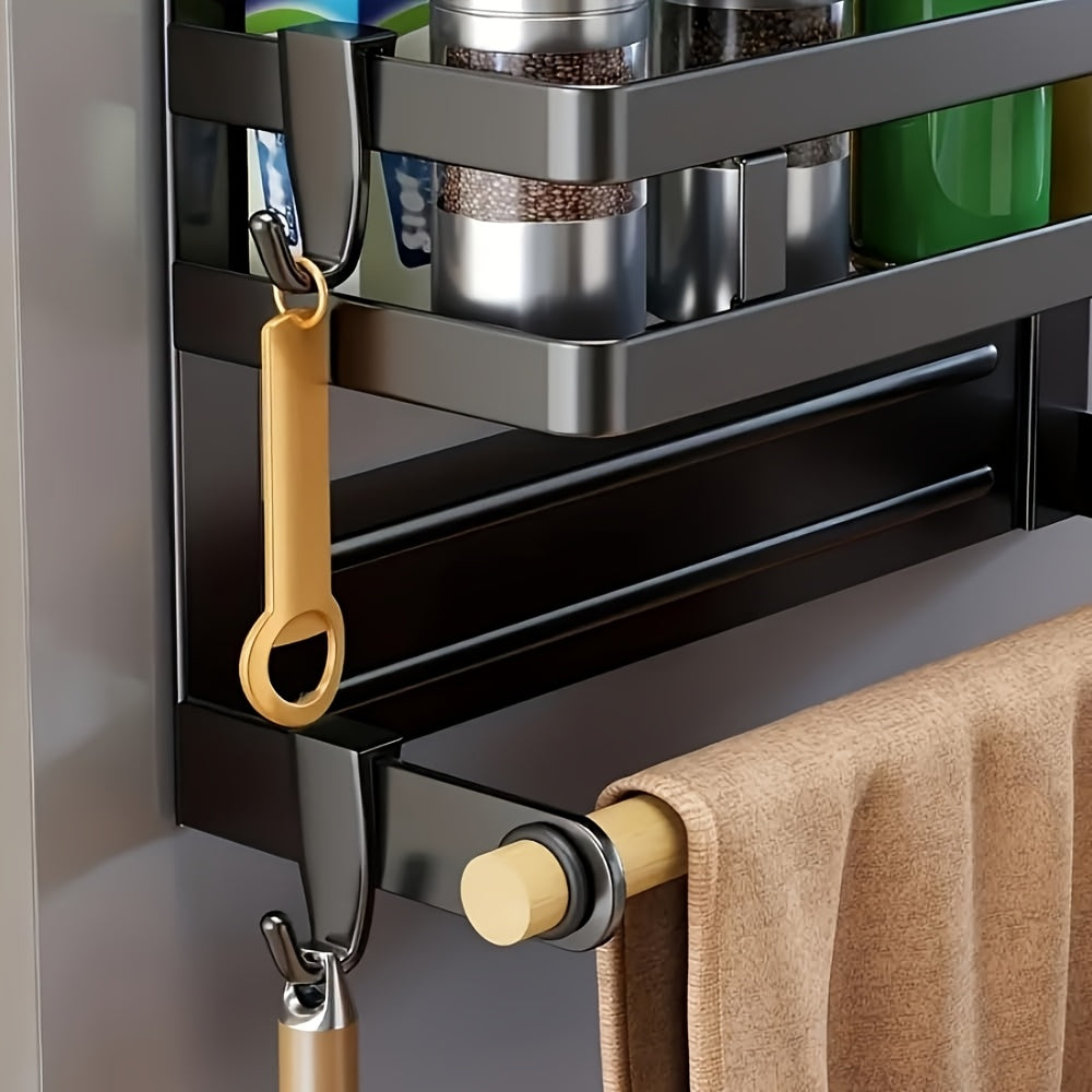 Magnetic Spice Rack for Refrigerator | Metal, Polished End, Wall Mount, with 4 Hooks, Moveable, Space Saving, for Kitchen Oven, by M I N C I