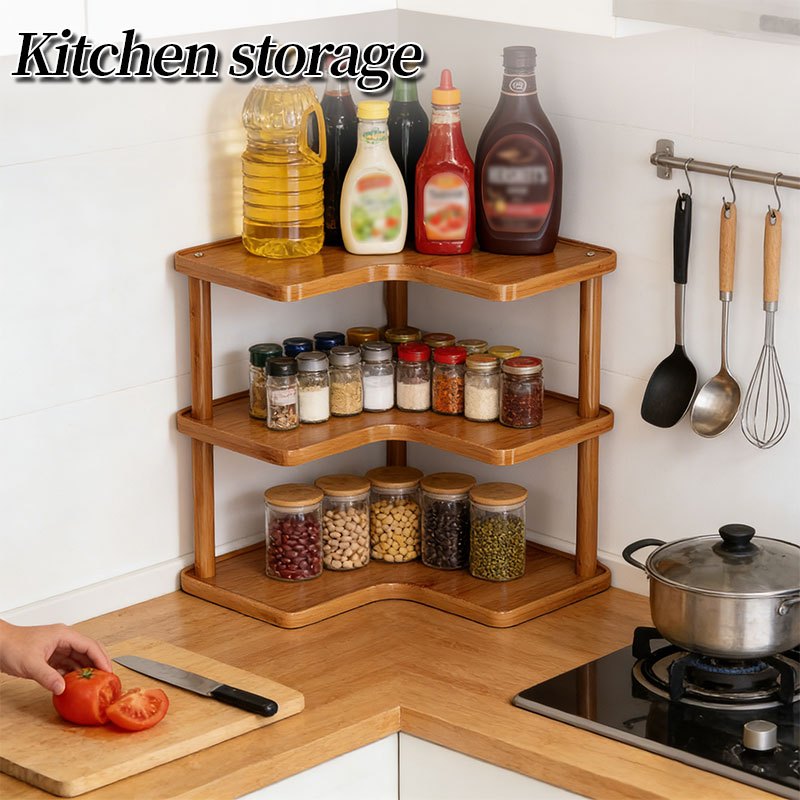 Triangular Design Fits Corner Storage Spaces. Oven Triangle Storage Rack Features Multi-tiered Design for Efficient Organization of Coffee Accessories, Cups, Kitchen Odds and Ends, and More. Countertop Storage., Corner Shelves
