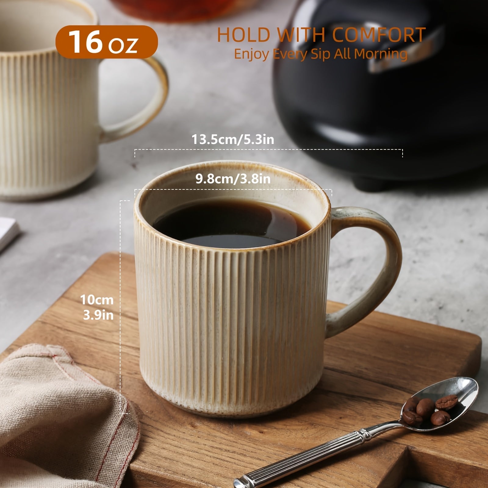 4pcs Relief Ceramic Coffee Cup, 16 Ounce Large Capacity, Beige Classical Style Coffee Cup, Exquisite And Elegant, Ceramic Coffee Cup And Teacup with Handle Suitable for Coffee, Latte, Cappuccino, Tea, Juice, Perfect for Couples And Family Gifts